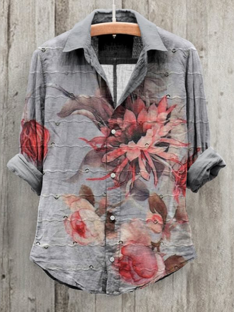 Comstylish Floral Art Print Long Sleeve Cotton And Linen Shirt