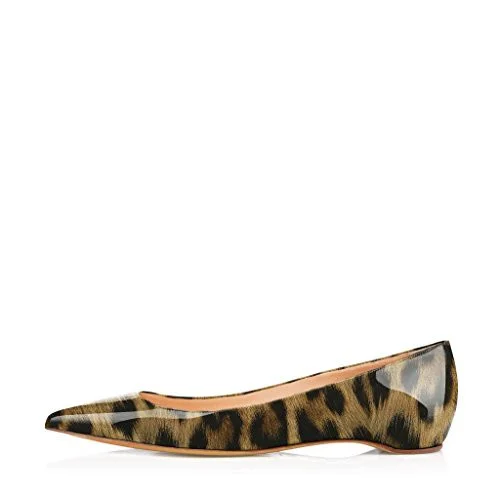 Leopard Print Patent Leather Flats Pointy Toe Comfortable Shoes Vdcoo