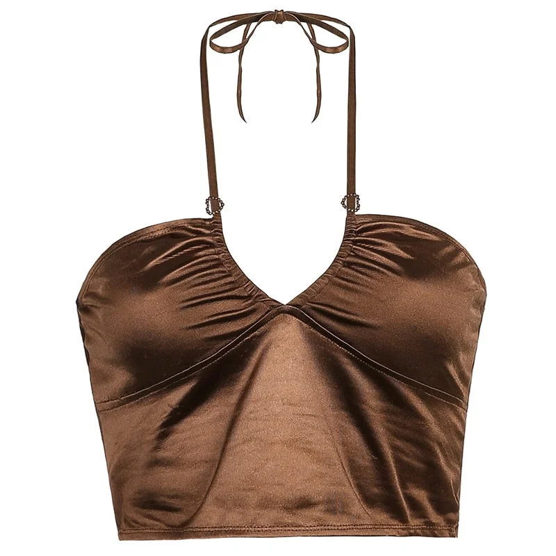 HEYounGIRL Sexy Strappy Brown Halter Crop Top Women Summer Backless Cami Tops Tees Ladies Fashion Fitness Camisole Party