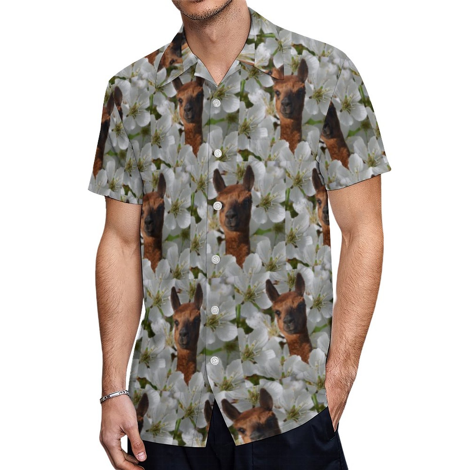 Brown Young Alpaca In White Blossoms Hawaiian Shirt Mens Button Down Plus Size Tropical Hawaii Beach Shirts