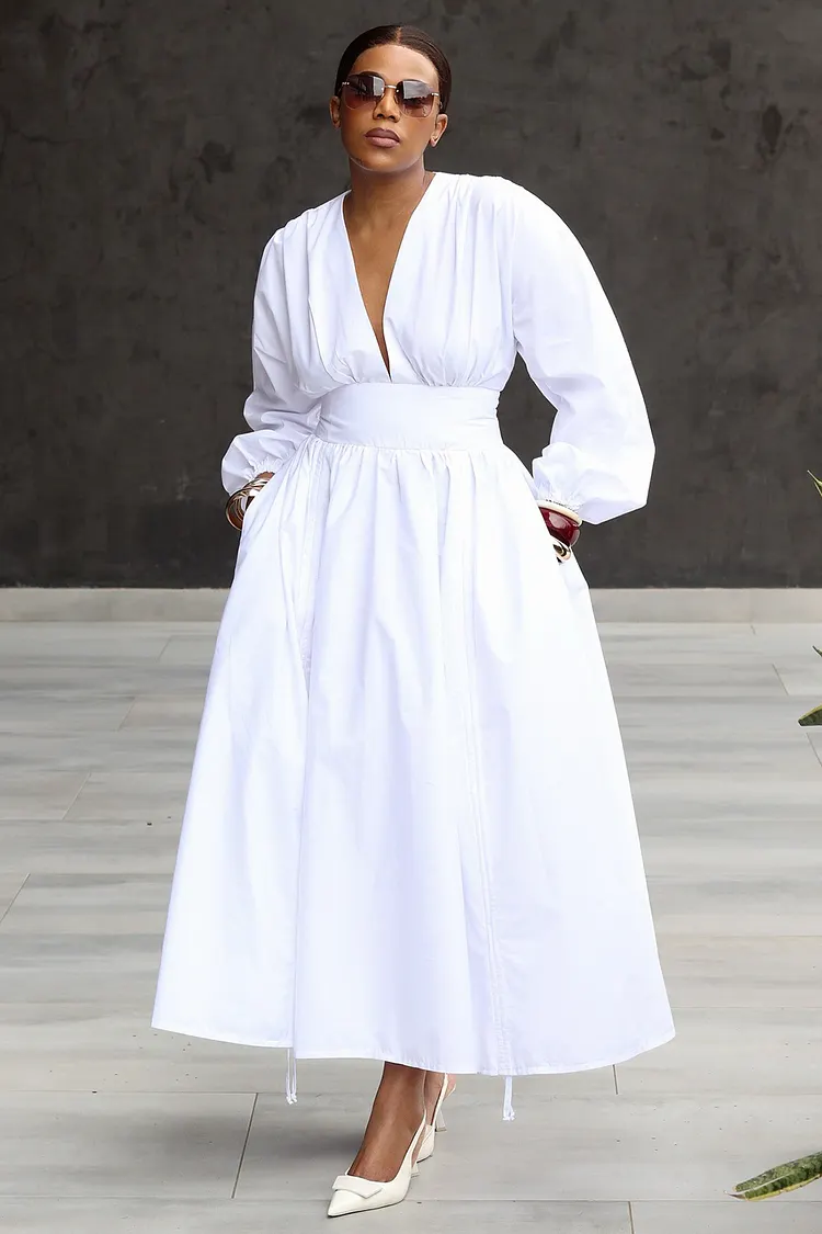 Deep V Neck Balloon Sleeve Cinch Waist Casual Maxi Dresses-White White-S