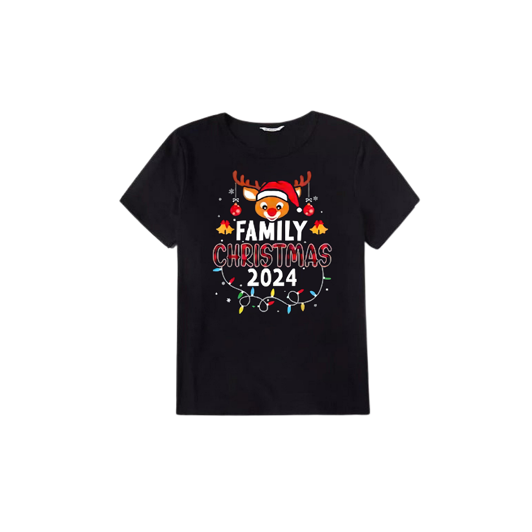 "Family Christmas 2024" with Elk Pattern- Black Short Sleeve with Red & Black Plaid Pant Family Matching Pajamas