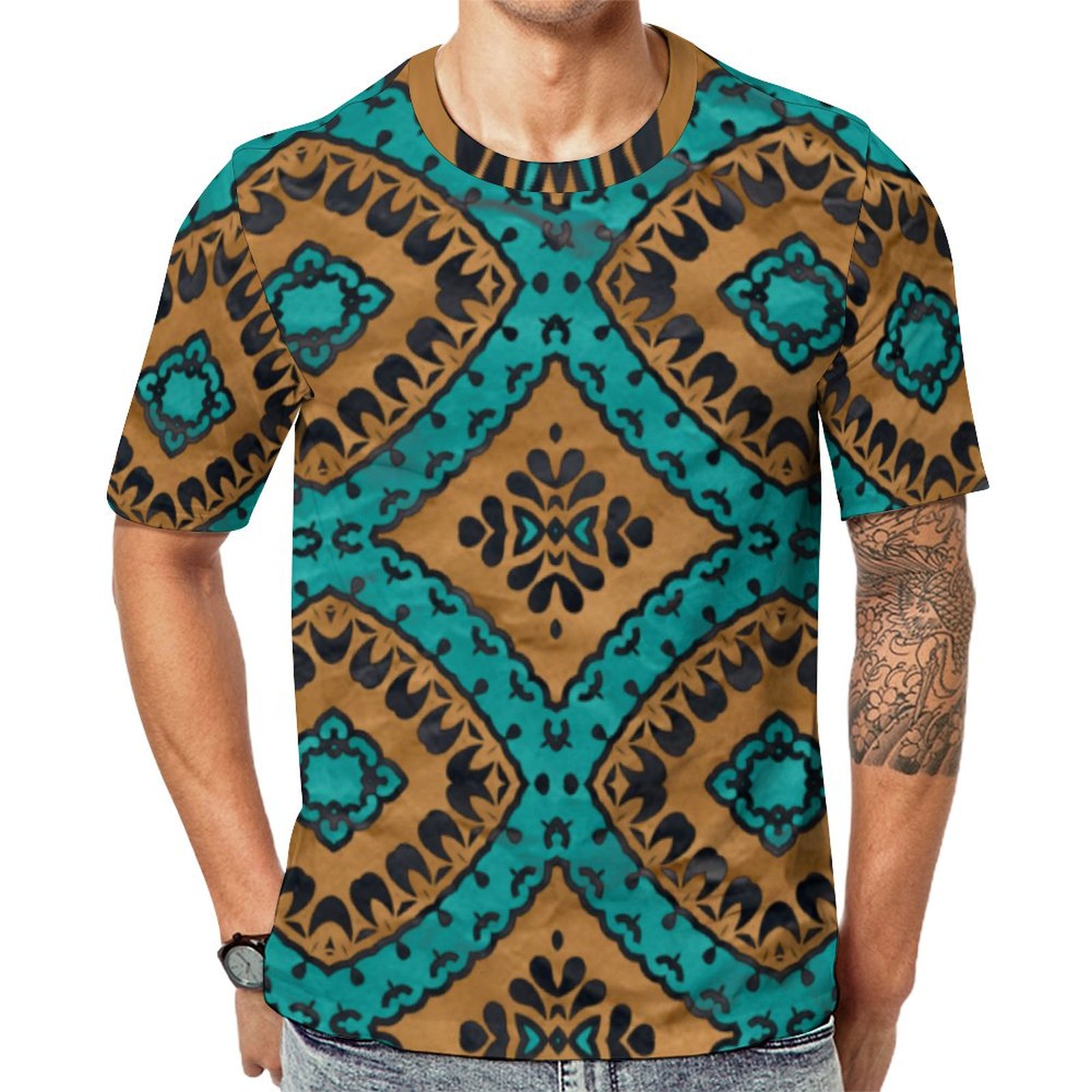 Boho Moroccan Turquoise And Bronze Short Sleeve Print Unisex Tshirt Summer Casual Tees for Men and Women Coolcoshirts