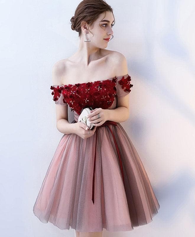 Burgundy Tulle Off Shoulder Short Prom Dress, Burgundy Homecoming Dress