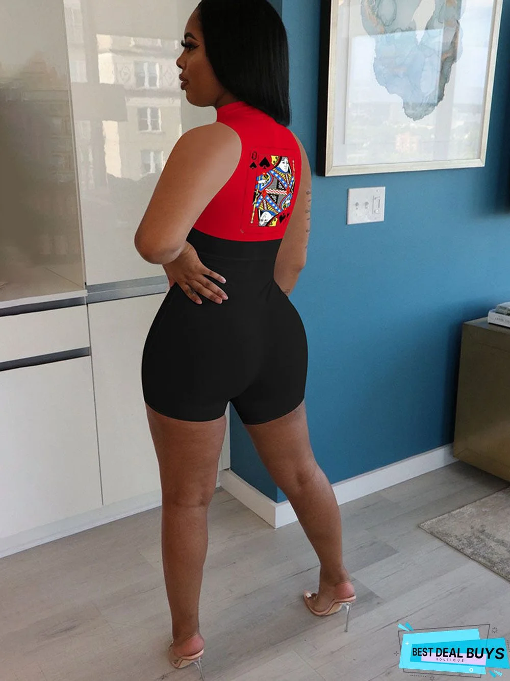 Plus Size Sleeveless Poker Patchwork Rompers