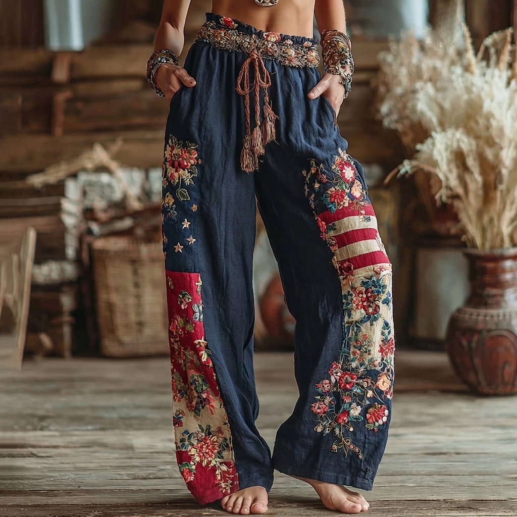 Women's Floral Patchwork Art Print Casual Pants elevenforest