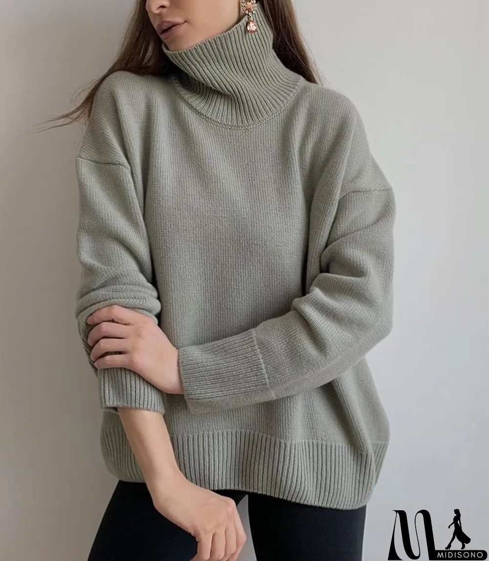 MidiSono - Winter Solid Plain Turtleneck Pullover Loose Sweater