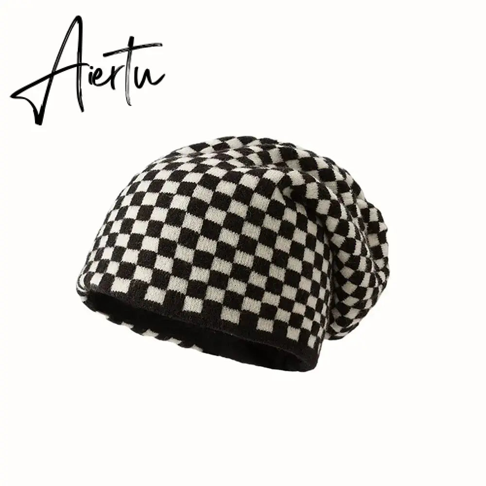 Women Men knitted Hat Hiphop Checkerboard Autumn Winter Korean Fashion Wool Cap Lovers Hat Warm Beanies Lattice Caps For Couple Aiertu