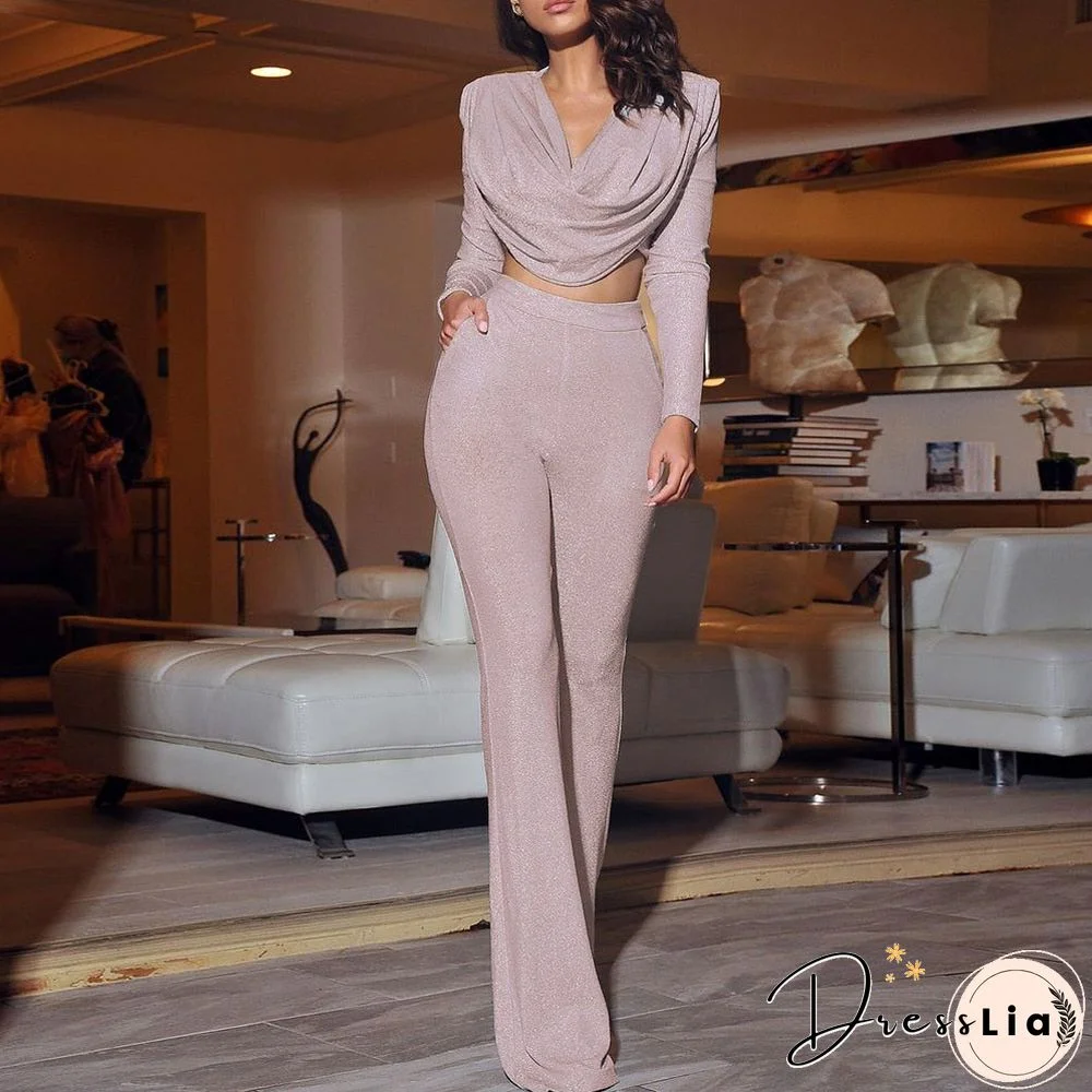 Glitter Draping Long Sleeve Top And Pants Two Piece Set New Arrival Pink 2 Piece Set  Women Autumn Sexy Club Party Outfits
