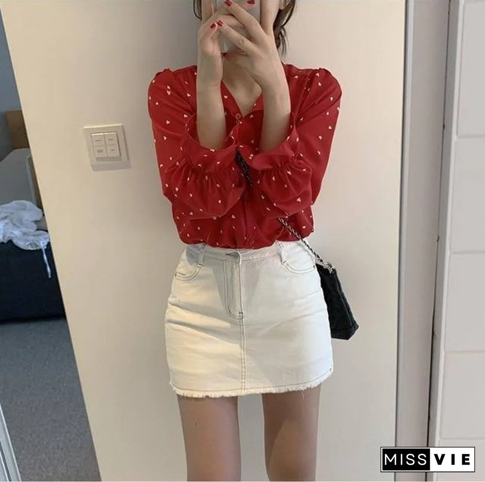 Spring Women Chiffon Shirt Korean Fashion Long Sleeve White Shirts Women Streetwear Office Blouse Elegant Lady Heart Print Tops