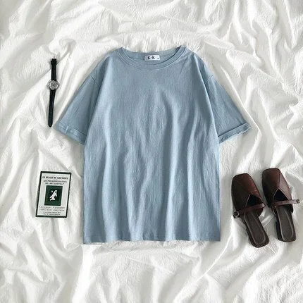 Summer Tee Shirt Solid Color Basic T-Shirt Women Casual O-neck Harajuku Top Korean Hipster Cotton Basic Tshirt