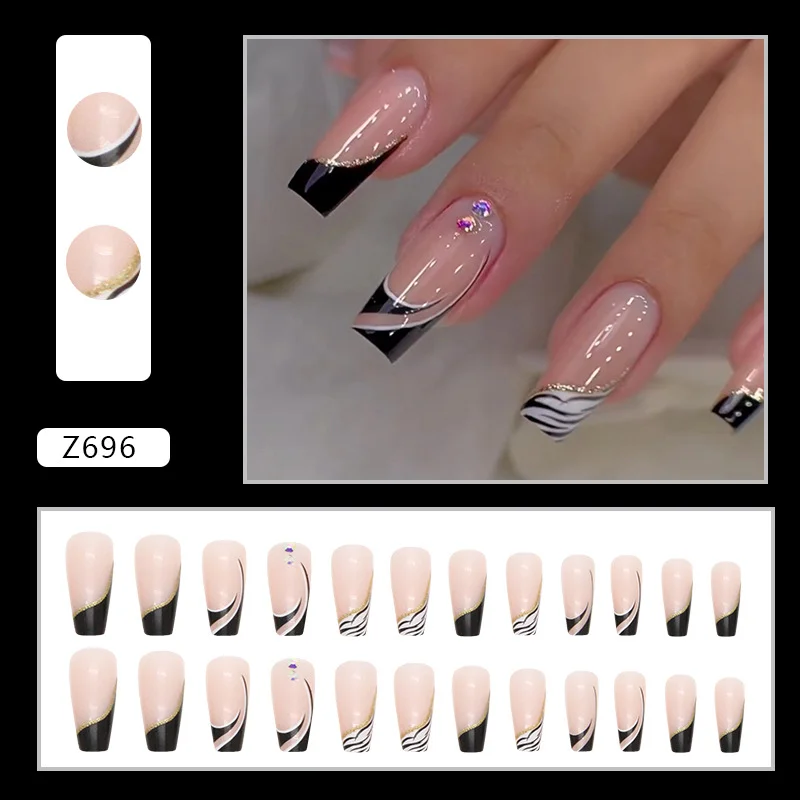 Churchf Churchf Long Black And White Mandarin Duck Color Zebra Print Wear Nail Piece Simple Diamond Fake Nail Diamond Beauty Nail Piece