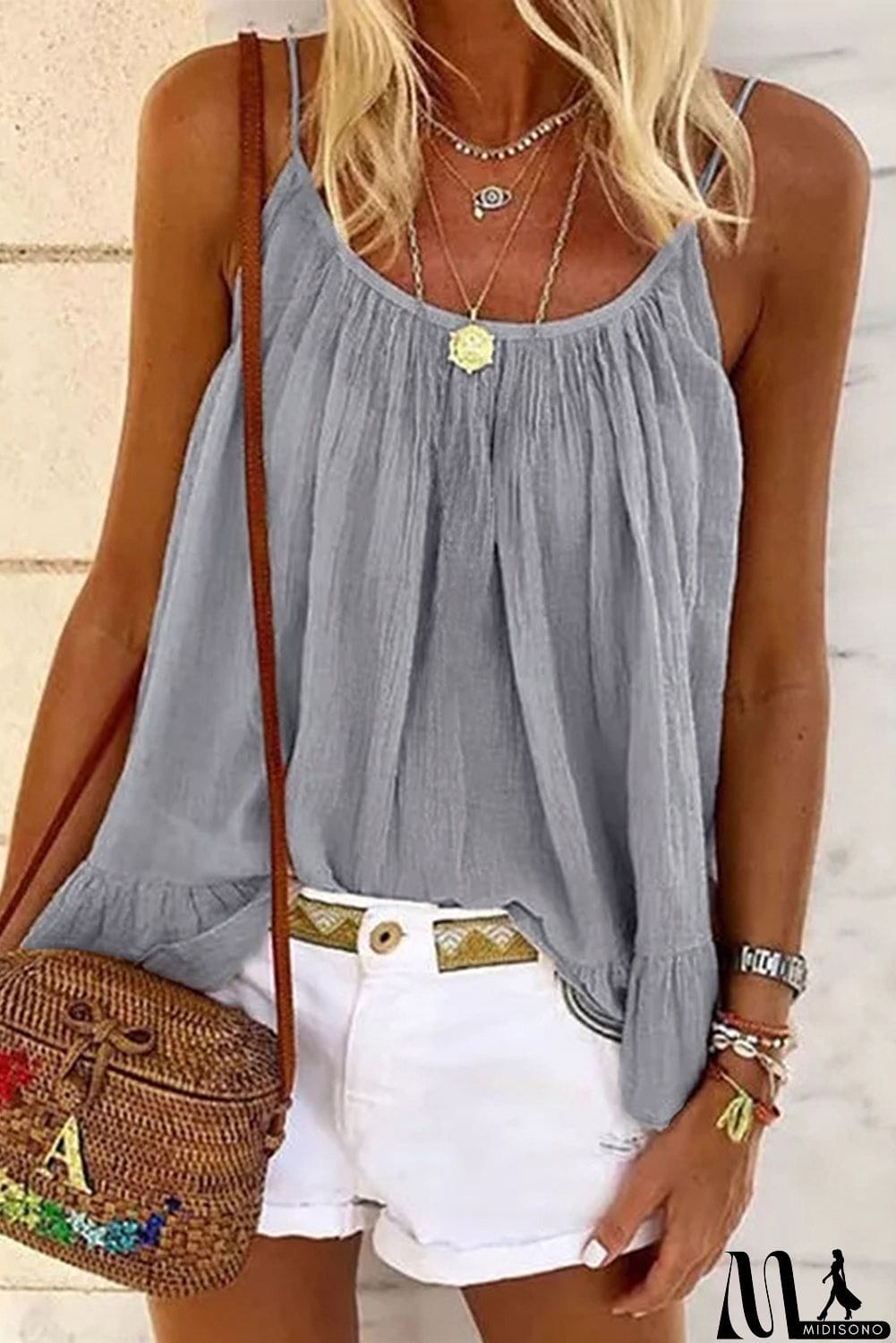 MidiSono - Spaghetti Straps Pleated Ruffled Tank Top