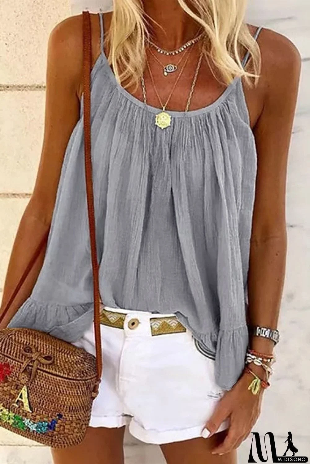 MidiSono - Spaghetti Straps Pleated Ruffled Tank Top