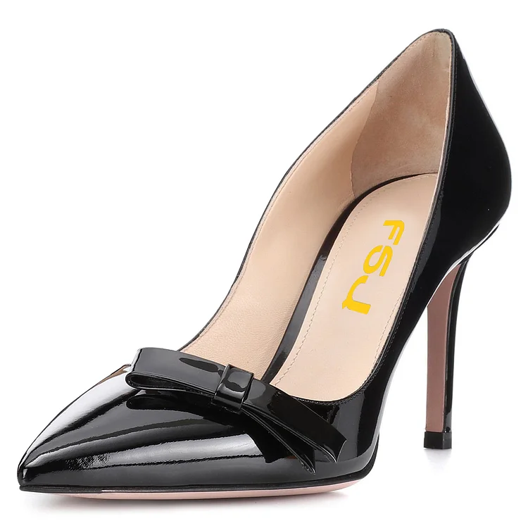 Black Mirror Leather Bow Stiletto Heels Pumps |FSJ Shoes