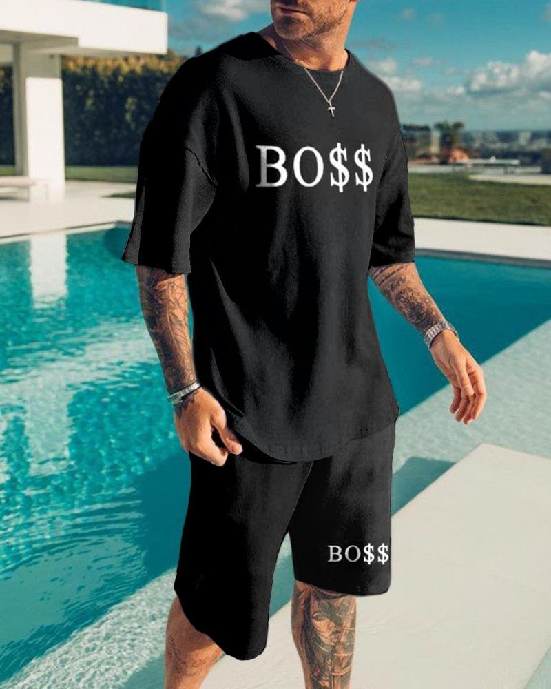 Men's Casual Alphabet Print Short Sleeve Suits
