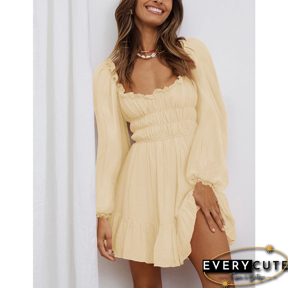 Light Yellow Square Neck Pleated Chiffon Mini Dress