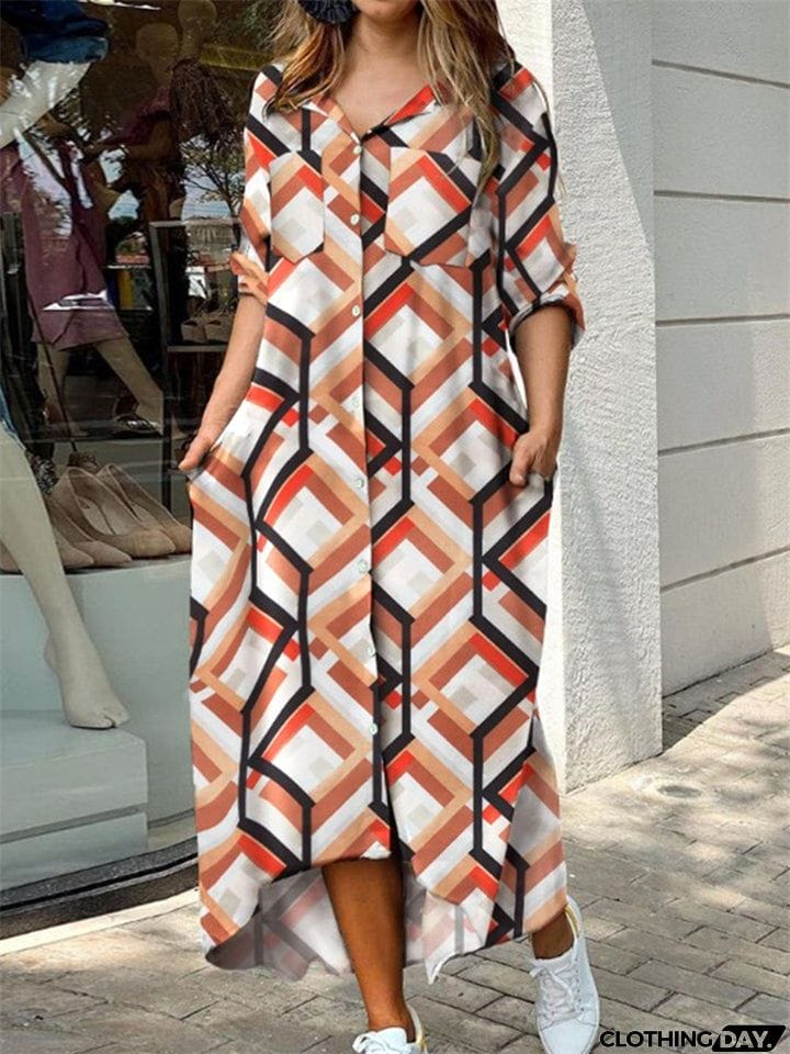 Ladies Fashion Sexy Print V- Neck Long Vintage Dresses