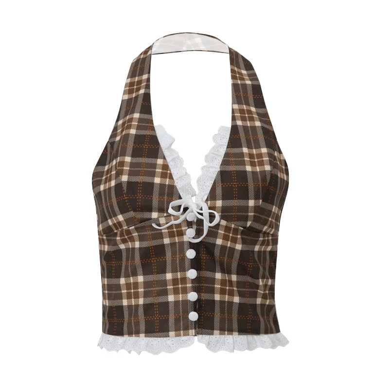 Brownm Brownm Women's Summer 2024 New Fashion Sexy French Sweet Vintage Plaid Neck Hanging Vest Top
