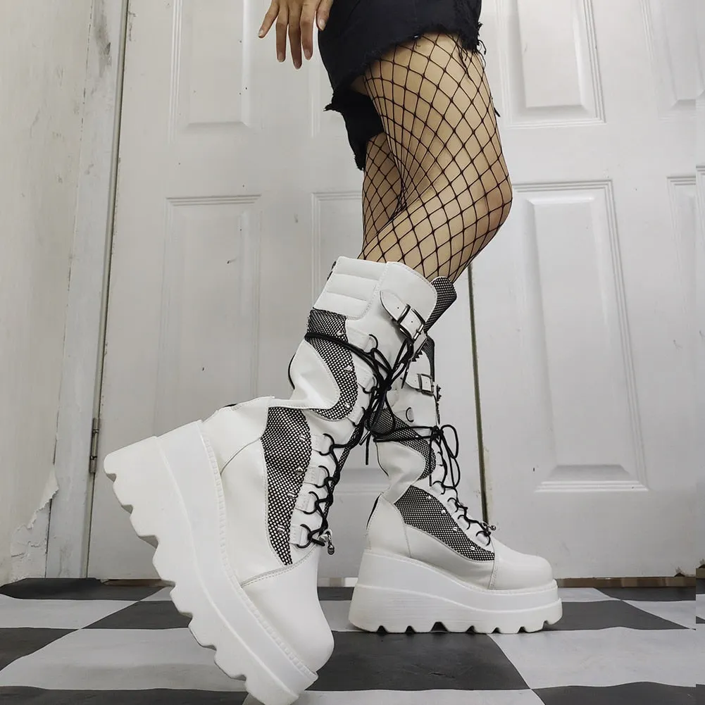 BONJOMARISA Brand Goth Platform High Wedges Buckle Zipper Women Boots Punk Cool Street Thick Heel Shoeslace Autumn Ladies Shoes
