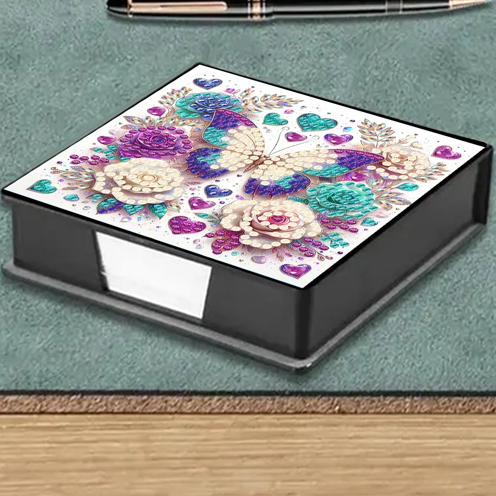DIY Flower Butterfly Leather Diamond Art Note Box with 160 Sheets of Paper for Beginners