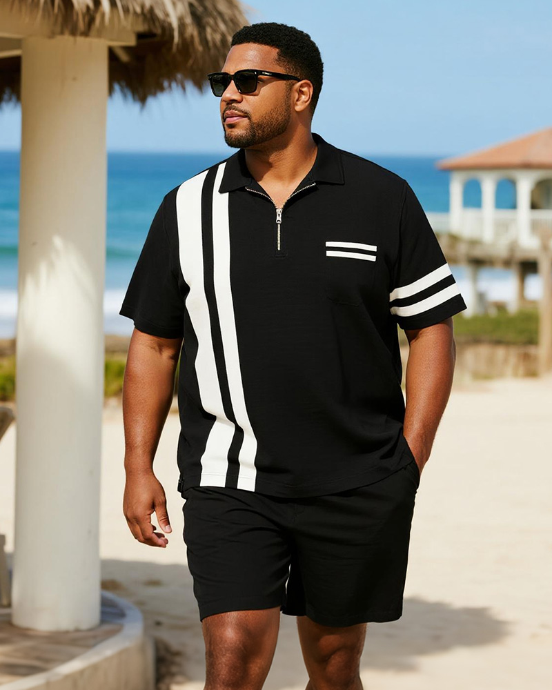 Big & Tall Men's Business Black Stripe Print Short Sleeve Zip Polo Shirt Shorts Suit