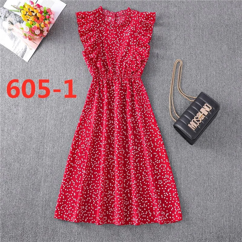 Women's Summer Red Polka Dotted Chiffon Sleeveless Standing Neck Loose Zipper Versatile Mid Length Dress Fairy Full Dress
