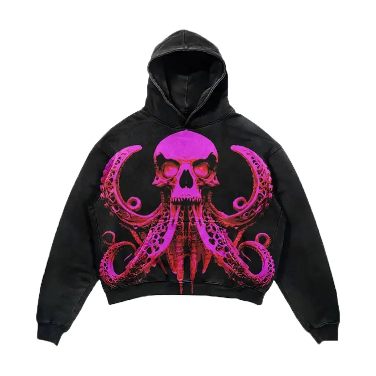 Dark Purple Skull Octopus Claw Print Hoodie Gothic High Street Hoodie Jackets at Hiphopee