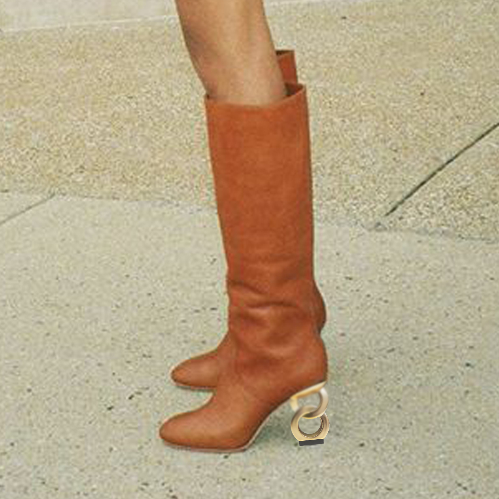Brown Closed Toe 4'' Decorative Heel Knee High Winter Boots Nicepairs
