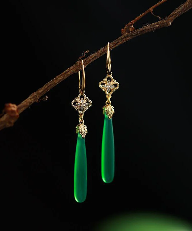 Women Green Agate Copper Overgild Tassle Drop Earrings