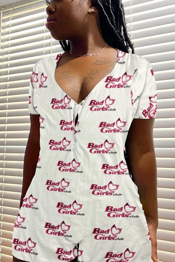 White Casual Print Short Sleeve V Neck Jumpsuits