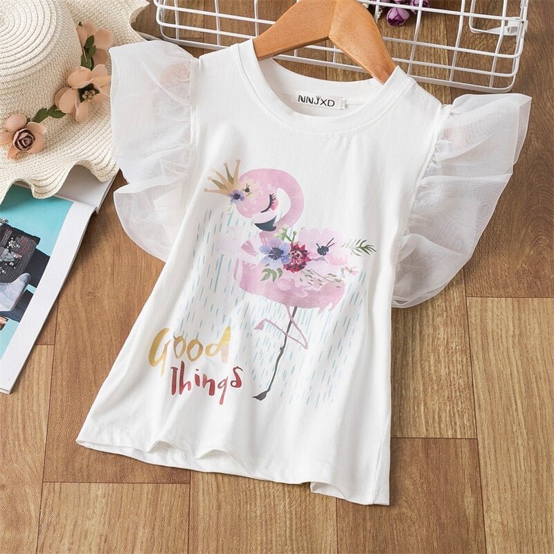 Girls T-shirts Short Sleeve Flamingo Unicorn Print Tops for Baby Girl Summer Clothes Sequins Tshirt 3-8Yrs Kids Tees for Girls