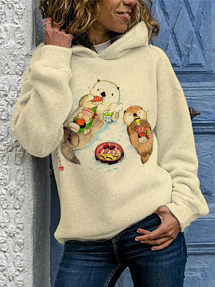 Women's Salmon Sushi Cute Otters Art Print Pocket Casual Hoodie
