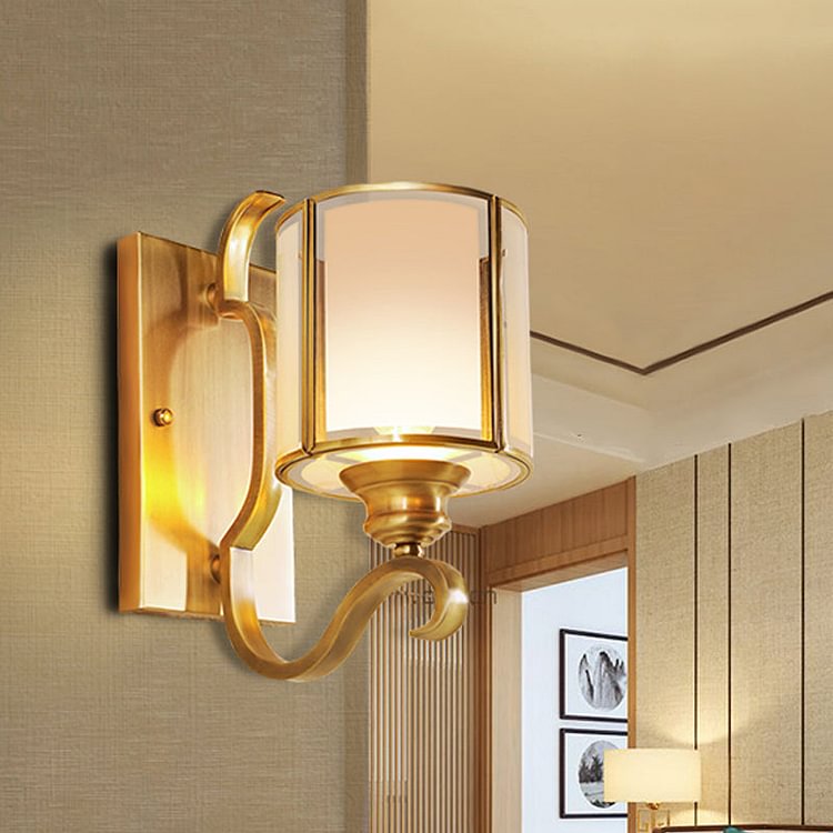 Translucent Glass Cylinder Sconce Lighting Vintage 1/2-Light Corner Wall Lamp Fixture in Gold with Curved Arm