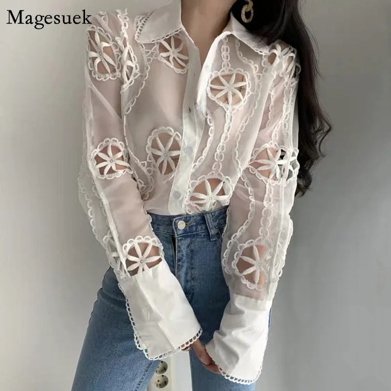 New Spring Long Sleeve White Blouse Women Sexy Hollow Out Floral Embroidery Female Shirt Tops Vintage Loose Casual Blouses 13369