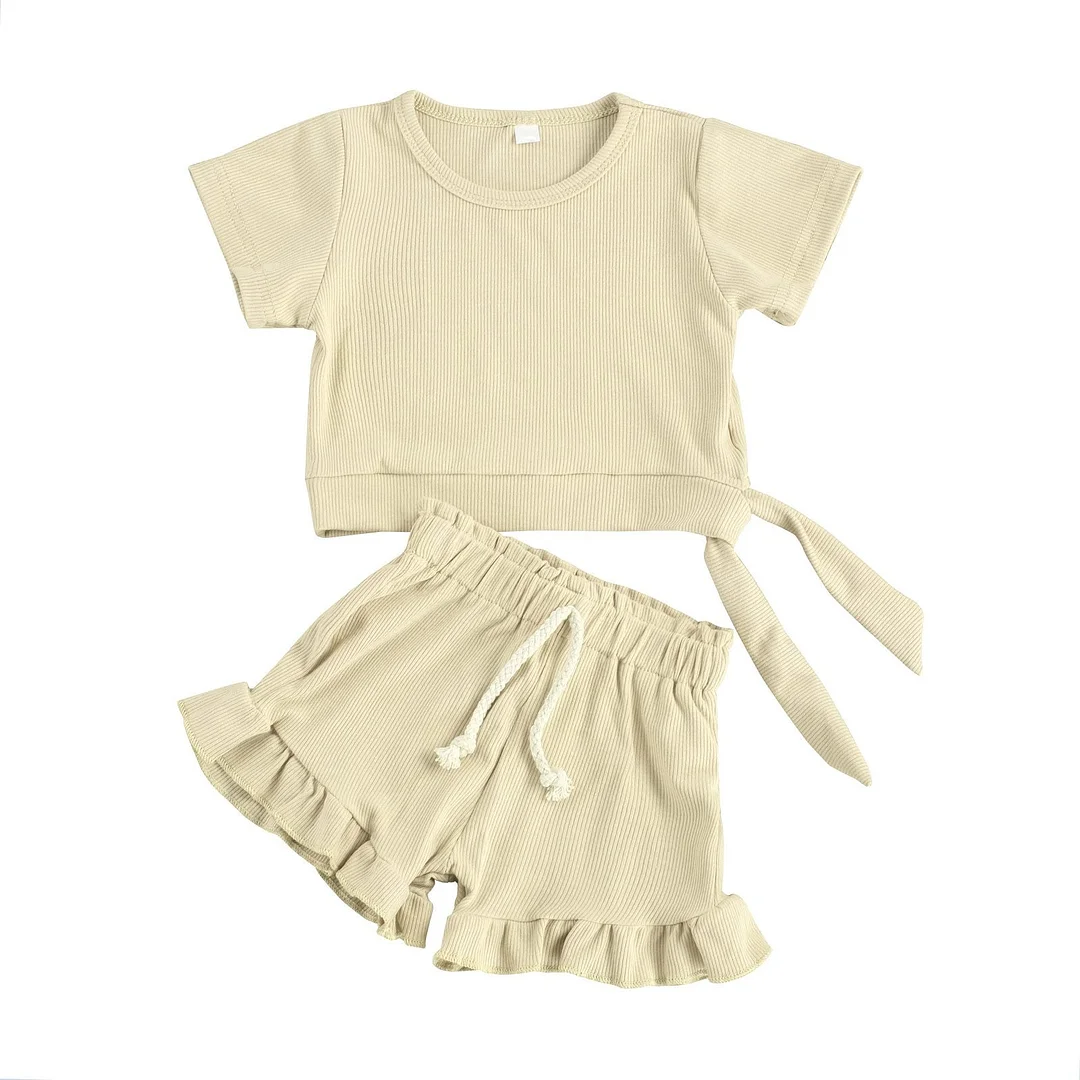 2021 Baby Summer Clothing Newborn Baby Girls 2-piece Ribbed Knitted Outfit Set Short Sleeve Lace-up Tops+Shorts Set Kids Girls