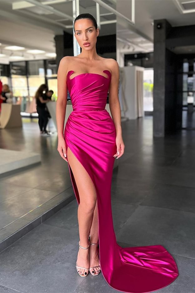 Lisliy Fuchsia Sleeveless Strapless Mermaid Long Prom Dress With Pleated