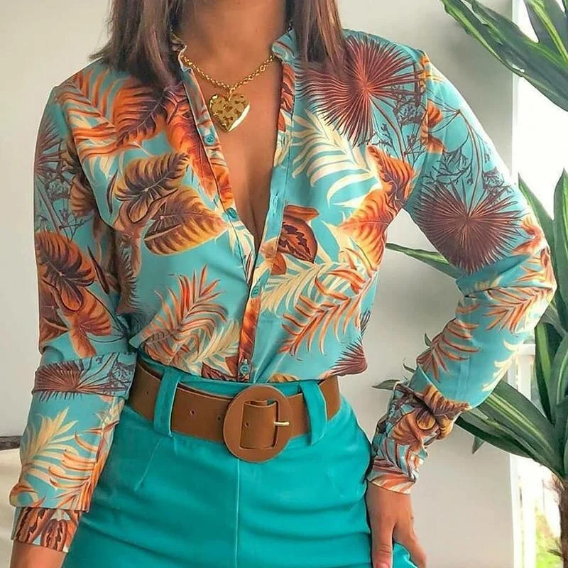 Women Vintage Floral Print Lacing Blouse Shirt Autumn Long Sleeve Sexy V Neck Ladies Top Casual Button Female Fashion Slim Blusa