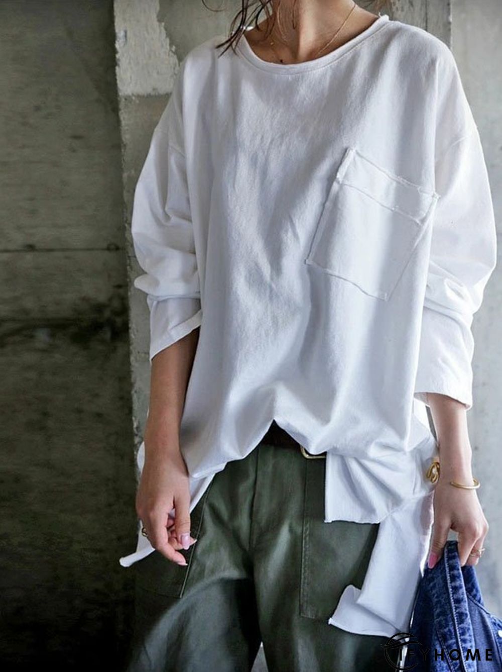 Long Sleeve Pockets Solid T-shirt | IFYHOME