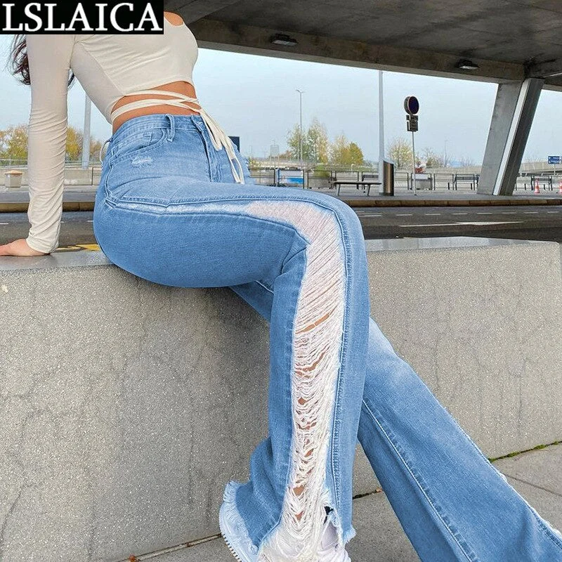 Jeans Woman Fashion Casual Placket with Zipper Trendy Women's Personality Denim Hole Stitching Color Matching Flared Trousers