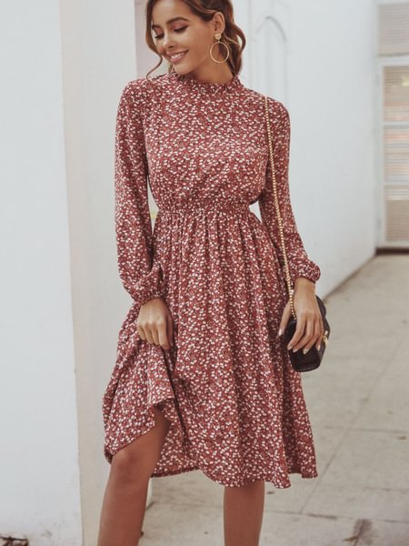 Disty Floral Mock Neck Elastic Wasit Dress - BlackFridayBuys