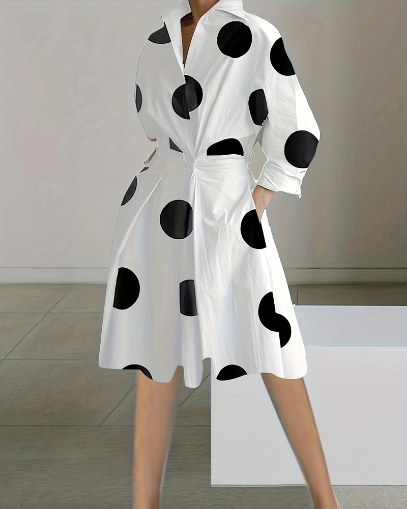 Polka Dot Long Sleeve Tie Waist Shirt Midi Dress