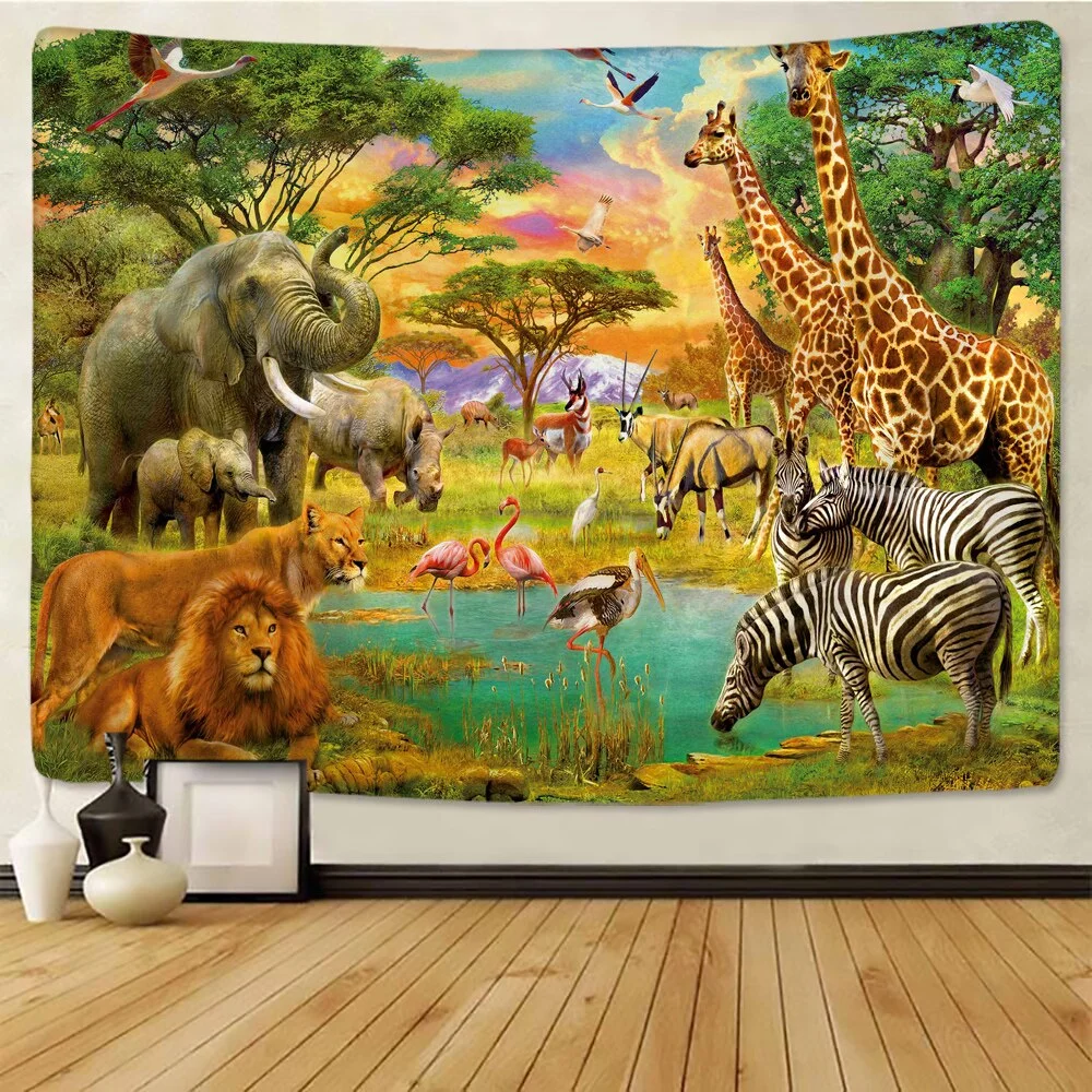 lion tapestry African grassland animals Cartoonwall hanging beach towel thin polyester blanket yoga