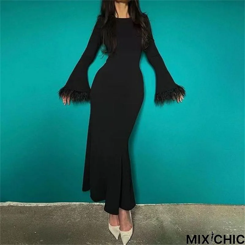 High Elasticity Regular Fit Plain Elegant Long sleeve Long Dress