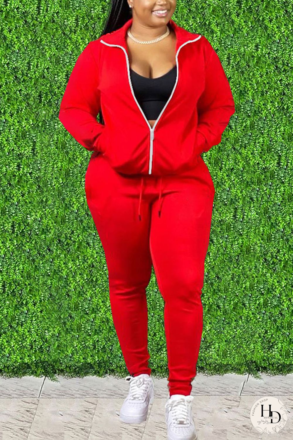 Black Fashion Solid Split Joint Zipper Collar Plus Size