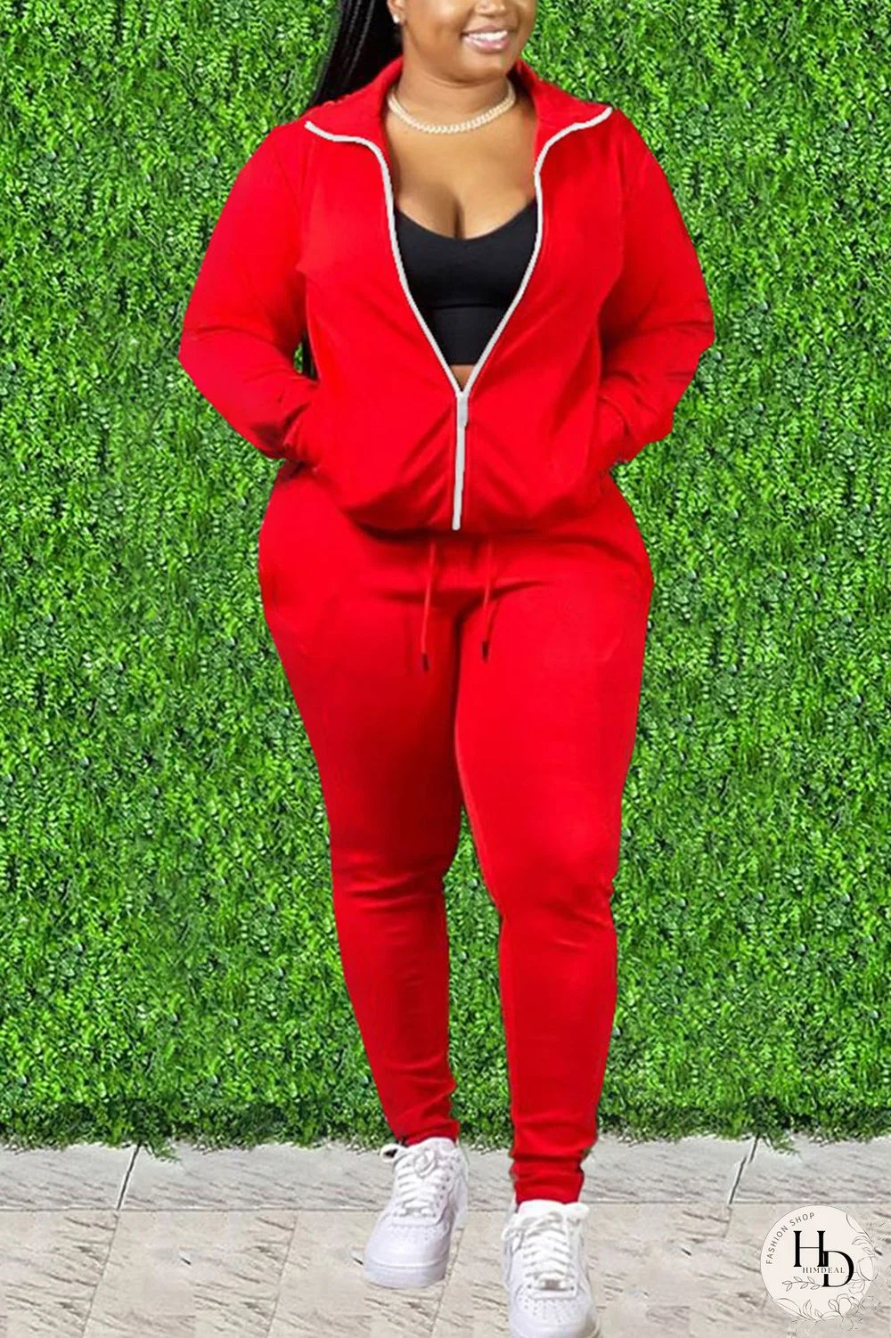 Black Fashion Solid Split Joint Zipper Collar Plus Size