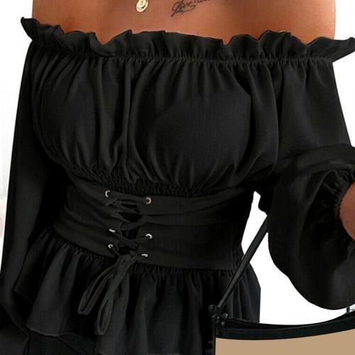 Women Shirt Jacket Coat Autumn Casual Solid Color Long Sleeve Ruffled Hem Off Shoulder Top Blouse