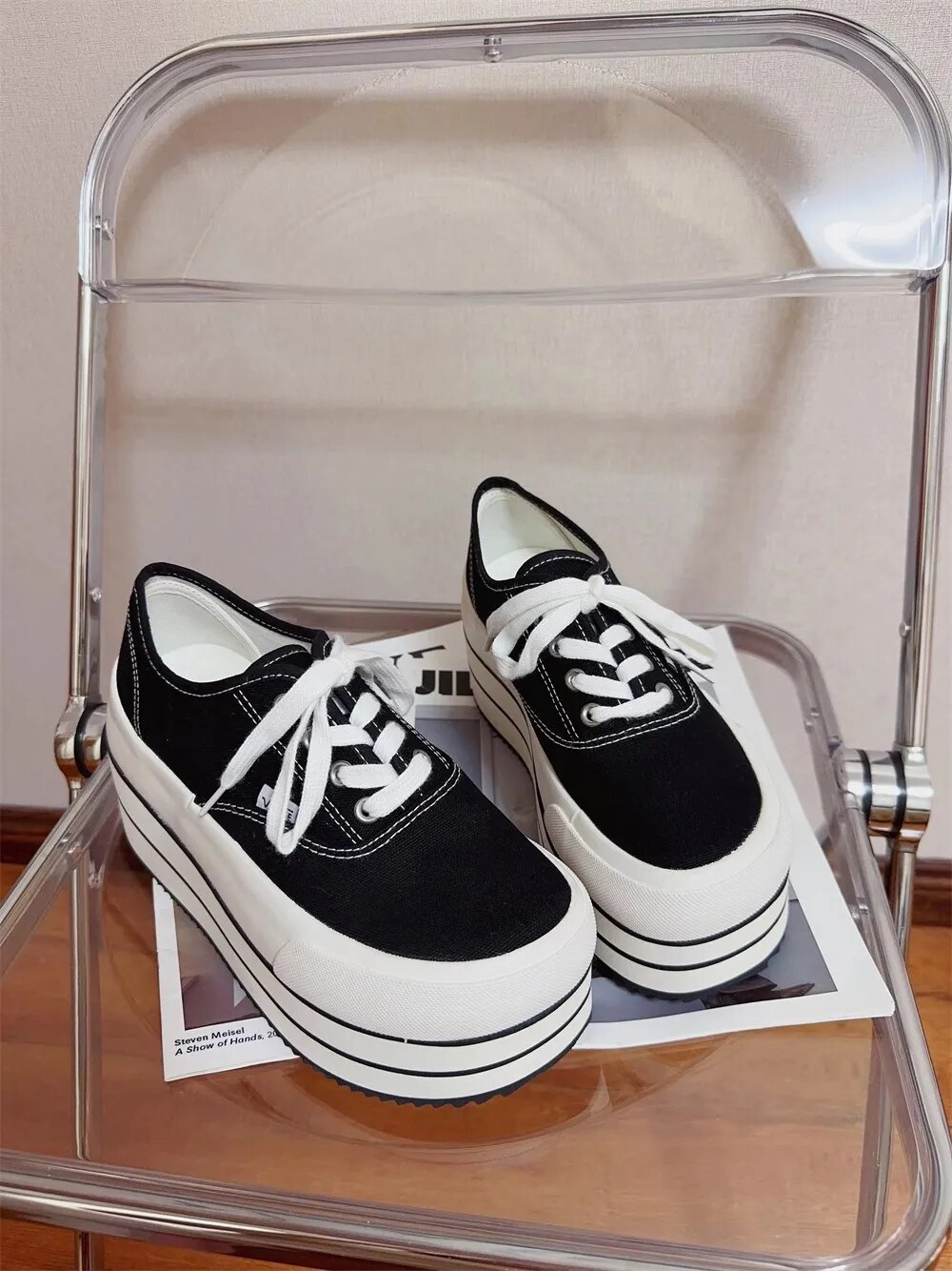 VCshoes Women Black Canvas Shoes Woman High Thick Wedges Heels Pumps Lady Dress Party Shoes Round Toe 32-47 Stripe Splicing