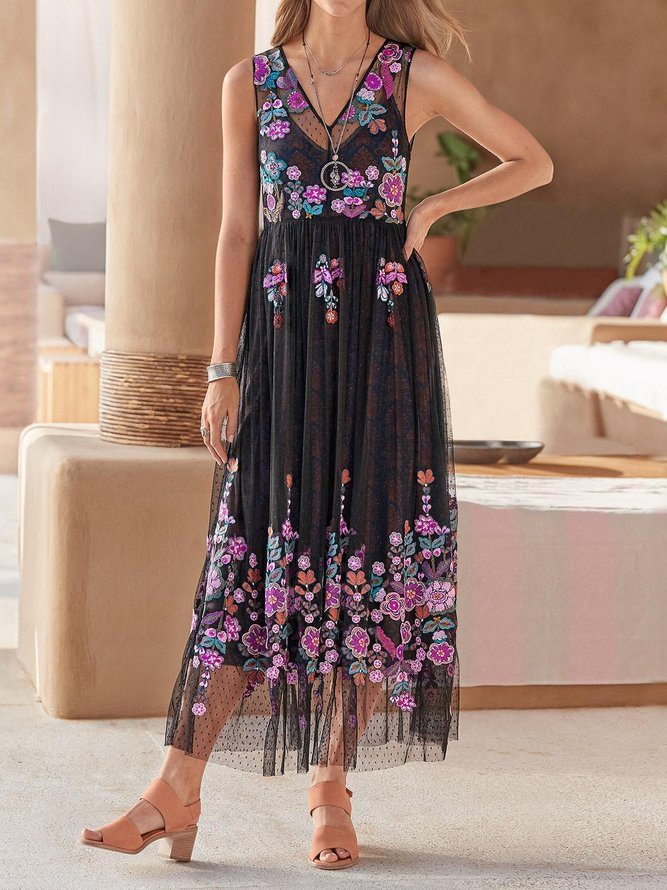 V Neck Floral Casual Sleeveless Dresses Zaesvini