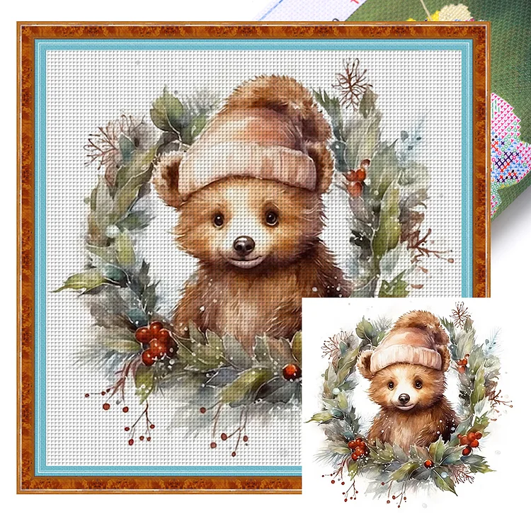 【Huacan Brand】Christmas Bear 18CT Stamped Cross Stitch 30*30CM